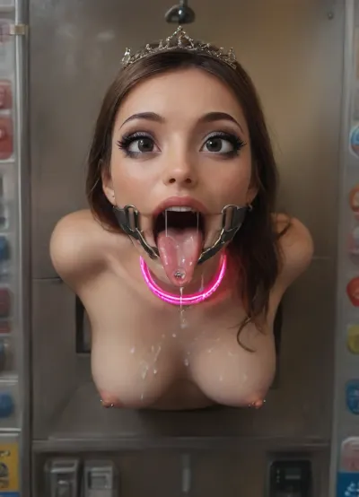 1 woman, (dark public sci-fi sex shop:1.3), (top side vending machine view:1.5), (very beautiful young 18 years old model girl:1.7), (lower body hidden into metalic vending sex machine box:1.7), (stuck with upper body from sex machine:1.7), (arms hidden back into vending machine:1.5), (leaning forward very skinny body:1.4), (only head with breasts visible:1.5), (head up:1.6), (mouth spreader ring gag:1.6), (tongue clamp fixation:1.6), (opened very wide mouth:1.7), ((very beautiful petite girl:1.7)), (slightly satisfied:1.4), (long brown shiny hair:1.4), (innocent looking face:1.7), (very beautiful happy narrow face:1.7), (light lips:1.3), (perfect dark eyes:1.5), (black iris:1.3), (looking directly up:1.7), (seductive sexy makeup:1.7), (thick dark long eyelashes:1.5), (smokey eyeshadow:1.3), (tongue rounded at the end:1.6), ((very long very flat very wide white tongue hanging down:1.7)), (1 tongue piercing:1.4), (a lot of liquid cum flows out of mouth:1.7), (cum dripping from tongue:1.5), (cum on face:1.4), (cum on breasts:1.4), (huge massive very oversized pink glowing collar:1.6), (erect nipples:1.3), (nipple piercings:1.3), (firm perky flat medium breasts:1.5), (naked wide slicone boobs spread apart:1.6), (dark skinned:1.3), (narrow cheekbones:1.5), (stunning:1.4), (tiara with diamonds on head:1.4), (barcode on boob:1.4), (tattoos:1.3), (tall:1.3), (very small areolas:1.3), (small nipples:1.3), (extremely gorgeous:1.5), (slim perfect fitness body:1.6), (sexy:1.4), (modern vending machine with glowing dashboard:1.4), (golden lighting spots in vending machine:1.4)