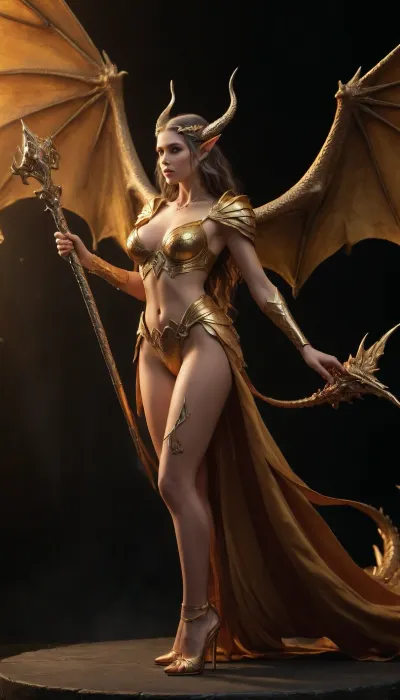 fantasy context, a tall elf wizard woman, huge breasts, very high heels, wings, she is riding a gold dragon, she has a staff in her hand and is casting a spell