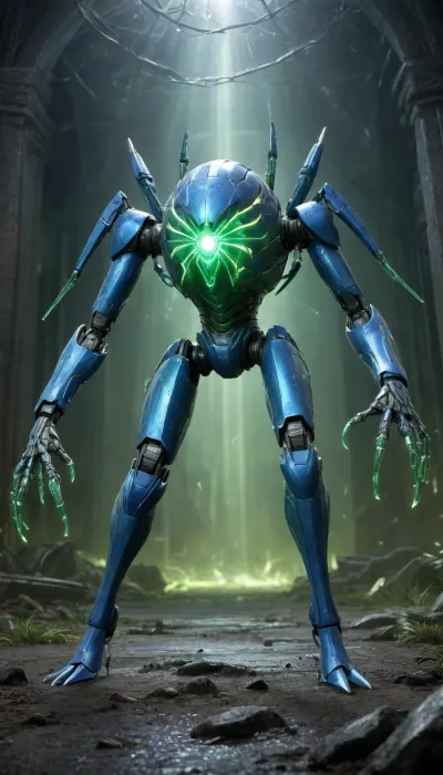 A giant blue robot-spider with angular futuristic design and white details, featuring geometric diamond-shaped glowing shoulders, armored massive legs, and a robust torso housing a, (giant radiant green energy core at its chest), (his head is a huge sharp diamond shape whit big sharp green eyes), his back has big spider legs, stands in a dynamic combat pose with extended claws within a dark environment bathed in blue mist and a spider webs, (everything in the ground its covered by spider webs), . Metallic reflections illuminate its blue armor and glowing green eyes, creating a dramatic contrast between intricate biomechanical details and a hyper-realistic 3D sci-fi styled abstract background.