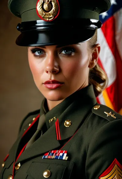 (random view angle:1.1), (female u.s. marine corp gunnery sergeant), (wering skimpy u.s. marine corp uniform), perfect illumination, random pose, (realistic skin:1.4), (realistic eyes:1.3), <lora:add-detail-xl:.8>, <lora:MJ52:.8>, <lora:DetailedEyes_V3:.8>