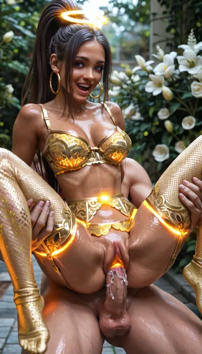 23 years old, (Latina woman), (dark Tan skin:1.9), tight body, (long hair:.8), (6 pack abs:.1), (narrow waist:1), (high ponytail:1.2), (shiny skin:1.4), (hoop earrings:1.4), (brunette hair:1.4), (body glitter:1.5), (golden glowing angel lingerie:1.5), (golden glowing thigh high stockings:1.2), (small ass), (skinny thighs), (narrow waist), (large breasts:.8), (leaned forward:1), (laughing:.8), (sex in garden of white flowers:1.3), . Silver lipstick, glitter eye makeup, beauty, orgasm, (glowing stomach:1.3), (standing sex:1.6), (lifting carry sex:1.4), (standing full Nelson position:1), (legs behind head:1), (bouncing breasts:.7), 1girl, 1boy, standing sex, hetero, (full dick insertion:1.3), (hard vaginal sex:1.5), (stomach bulge:.5), (squirting pussy:.7), (glowing vagina:1.6), sex_from_behind, pussy, penis, fullnelsonpose, arms_behind_head, full_nelson, reversepose, (very tanned body), (cum on dick:1.2), (no face male:1.5), fashion model, pinup, blue eyes, tanned skin, (dick size:.7), no tan lines, scream, panic, ((no face male:1.3)), <lora:ReverseCowgirlFullNelsonXL:1.6>