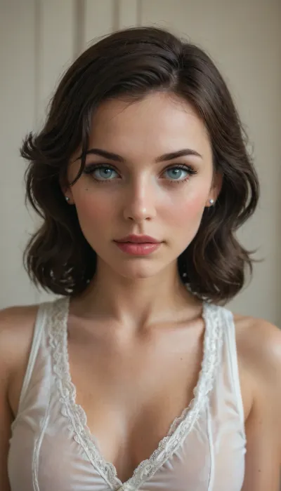 Elizabeth from BioShock Infinite. In the style of Gibson's girl, she had a normal face, standard proportions of facial features.
Hair color, brunette. Hair combed back.
Eye color, blue.
Medium-sized breasts.
Dressed in office clothes.