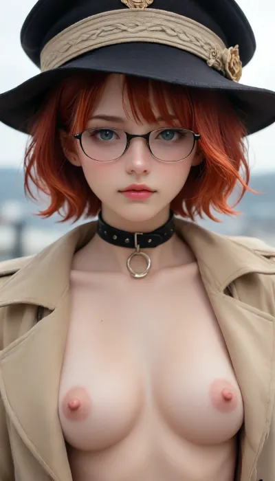 attractive young topless woman dressed in black hat and coat posing for photo, solo, 1girl, hat, glasses, looking at viewer, short hair, fire red hair, Collar, medium tits