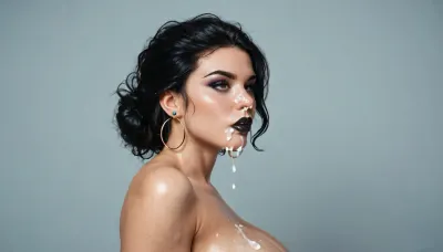 Sideview of a beautiful woman with brightly colored hair. She is leaning back so you can see the cum on her massivly large breasts. You can see her massively Large breasts. Black lipstick. Makeup smeared. She looks bored. Cum dribbling from. Mouth and nose. Cum dribbling from nose. Cum dribbling onto large breasts.

He holds a large flacid dick in her hand.