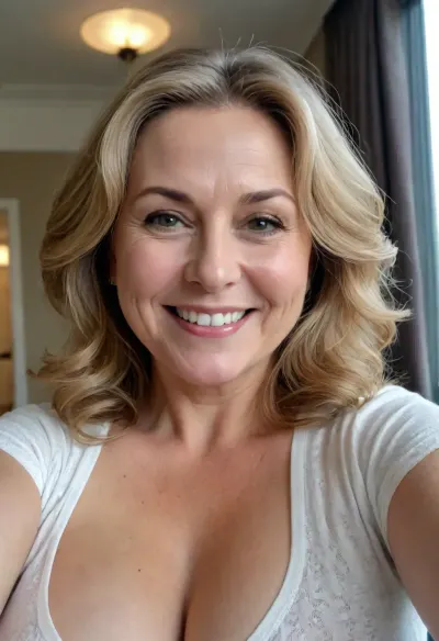 Sexy mature old woman, 50 years old, dark blonde, white skin, sexy smile, slightly wavy hair, very big and chubby woman, large breasts, selfie, solo photo