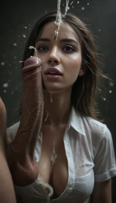 (bright white spotlight:.9), (shadows:.4), RAW image, Canon EOS R6 Mark II, DSLR photo, 8k, best quality, Canon RF 100mm f2.8 L Macro IS USM, Photorealistic action_shot, ((exact moment_of_impact:1.3)), extreme details, masterpiece, 1girl, 1penis, side_view portrait of kneeling 24yo young attractive milf_teacher, teacher's dress, unbuttoned shirt wide open, big bombshell_breast covered with cum, hands cuffed behind back, face covered with cum, face bend aside, getting a tremendous slap_in_the face by a huge gigantic veiny penis, ((penis visible:1.4), penis impacts face:1.4), impact splatters cum, ((cum_splash:1.5)), drops of cum in the air, ((zoom on face:1.3)), depth of field, 32k, 80 mm lens, 1/4000 s, f/1.4, ISO 300, (blurred background:1.1), (faded background:1.4), <lora:dark:.5>, <lora:bombshell_v2:1>