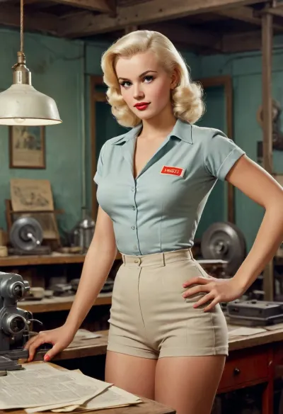 platinum blonde with hard perky breasts in work clothes, the workshop in background. USSR poster style, USSR postcard style, 1950s, USSR epoch, soviet poster art style, Soviet advertising art style, (lithography, high detailed paper texture), (1950s vintage color poster:1.3), 1950s analog photo for soviet magazine, (realistic anatomy, realistic pose), full-length image, period-accurate image
