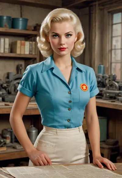 platinum blonde with hard perky breasts in work clothes, the workshop in background. USSR poster style, USSR postcard style, 1950s, USSR epoch, soviet poster art style, Soviet advertising art style, (lithography, high detailed paper texture), (1950s vintage color poster:1.3), 1950s analog photo for soviet magazine, (realistic anatomy, realistic pose), full-length image, period-accurate image