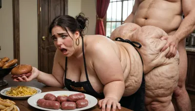 1 woman, 1 man, (extreme fat, obese, slight cellulite, fattened ssbbw woman, (crying, shocked), in doggystyle on butcher's stall, (fat legs spread), in the middle of the fresh meat and sausages), hungry, angry butcher, (butcher wearing bloody butcher`s apron, wearing knife, ax, has a small cock), grabs her brutally for food, naked, meat lover
5 fingers on every hand !!!!
butcher fisting in her fat ass with a sausage