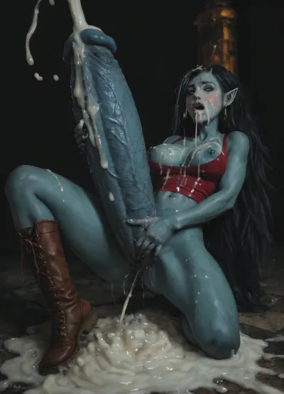 score_9, score_8_up, score_7_up, BREAK, (rating_explict, UHD 8K, HDR, masterpiece, maximum quality, photorealistic, maximum details, highres, vibrant lighting), (solo), (futanari Marceline from Adventure Time), ((age 25)), (((futanari with pussy:1.5))), ((Marceline erect gigantic penis:1.7)), (no_nuts), (wet gaping pussy), (Marceline extremely long black hair:1.3), (blue-grey skin tone:1.5), (tall), (flexible), (skinny body), (skin-tight blue jeans torn at the crotch), (knee-high leather boots), (skin-tight red tank-top), (top plunging neckline), (neckline pulled under breasts), (large breasts:1.3), (sagging breasts:.8), (natural breasts:1.1), (breasts bursting from top, nipples visible), (mouth wide open:1.1), (surprised expression), (face visible), (very long pointy ears:1.1), Marceline kneeling on the ground with her back arched in pleasure her head nearly reaching the ground, (kneeling), (arched back:1.4), masturbating her extra thick penis with one hand, (masturbating her gigantic penis:1.5), (Marceline gigantic penis ejaculation:1.5), (excessive projectile cum), (projectile cum arch over her head), cum on face, (cum on cloths), (excessive cum on tits), cum on ground, reaching around her gigantic penis and fingering her pussy, (fingering her pussy:1.5), (pussy squirting:1.3), (pussy dripping pussy juice), (pussy juice dripping), (side shot:1.5), (full-body shot:1.3), (on the floor in a ruined temple located in a magical forest), (golden hour), (beautiful and aesthetic), <lora:dark:.4>, <lora:163908_training_data:.5>, <lora:170767_training_data:1>, <lora:SDXLHighDetail_v6-000005:.6>