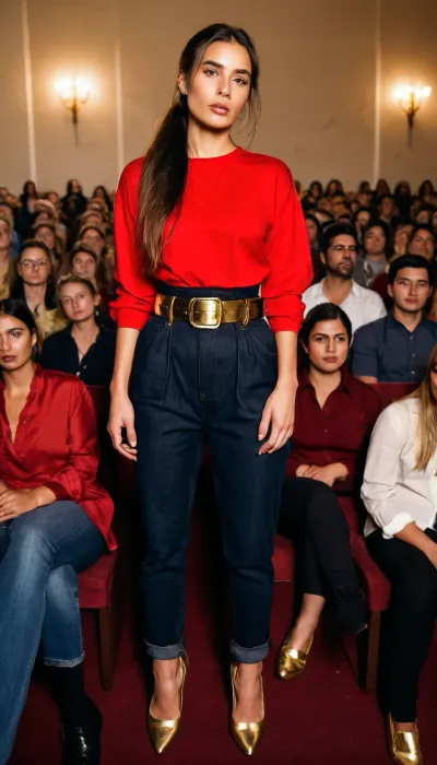 dark black baggy paperbag slouchy jeans, very long hair, gold belt, gold shoes, miss ceremony, slouchy style, ponytail, red blouse, audience