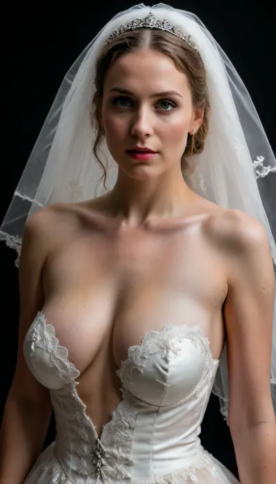 A surreal, high-fashion wedding portrait of an sweden slutty bride standing in a provocation pose, wearing a classic white bridal gown and lace veil. Her entire head—including her face, eyes, mouth, hair, and veil—is completely and heavily covered in thick, glossy, dripping slime. The slime is semi-transparent, with pearlescent silver and neon green hues, fully obscuring her facial features beneath a smooth, wet surface. It pours from above, clinging to her head and cascading down her body. The rest of the bridal scene, (dress, background, lighting), is elegant and traditional, with soft cinematic lighting and a black velvet or neutral studio backdrop, creating a striking contrast between beauty and surreal chaos. The image is mysterious, avant-garde, and visually intense—perfect for conceptual fashion or experimental wedding photography. close_up_detailed_shot_of1, upside, down, one, face, sagging, breasts, <lora:close_up_detailed_shot_of1:1.4>, <lora:SimplePositive_XL_v1_AutoRunMech:.8>, <lora:face_upsidedown:.8>, <lora:sagging-000015:.6>