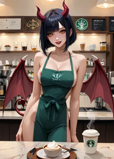 masterpiece, best quality, highly detailed, (anime:1.2), BREAK, (a gorgeous 25 year old white succubus with, demonic wings on back, horns, tail:1.2), (natural b cup breasts, perfect nipples, nipslip), (succubus has long black hair bob haircut:1.2), (orange eyes), slim, athletic, gymnast body, (succubus is naked wearing a green_apron), solo, she has a naughty grin, looking_at_viewer, holding a disposable coffee cup, holding_cup, cafe, cleavage, standing, coffee shop background, <lora:Animated_Concept:1>