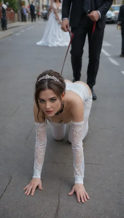 1 black man, 1persian bride in wedding dress, he holds the leashes, (a man in suit walk in the street walking on leash two all fours brides woman:1.5), both womens wear only a leather collar and are walking all fours, submissive woman, leash, all fours, ass up, catwalk, (both womens are all fours:1.5), walking on a leash, humiliation, pet