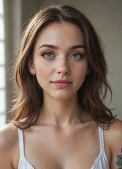 portrait of a mid 40s woman with long brown hair, blue eyes, light skin, subtle natural makeup, small nose piercing, soft smile, and a colorful tattoo on her upper chest, loose hair framing her face, photographed in natural indoor lighting, DSLR photo, shallow depth of field, high detail