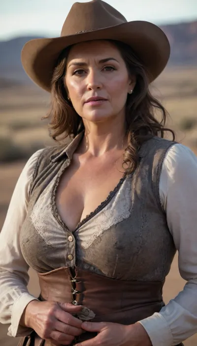 Old West Cowboy A beautiful curvy mature mommy, holding winchester in her arms, sweaty