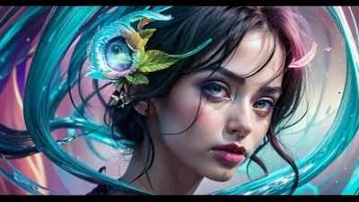 a portrait, abstract style cute, smoke, in the water, colorful and vibrant, mystical colors, contemporary, impressionism, iridescent perspective view, worm's-eye view, sweeping circling composition, large beautiful crystal eyes, big irises, heartlips, a topless slender pretty woman with a very pretty coquettish face, non-representational, colors and shapes, expression of feelings, imaginative, panorama, cinematic, filmic grain
