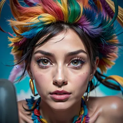 abstract style cute, smoke, in the argentine pampas, colorful and vibrant, mystical colors, contemporary, impressionism, worm's-eye view, sweeping circling composition, large beautiful crystal eyes, big irises, heartlips, a topless slender pretty woman with a very pretty coquettish face, non-representational, colors and shapes, expression of feelings, imaginative, panorama, cinematic, filmic grain