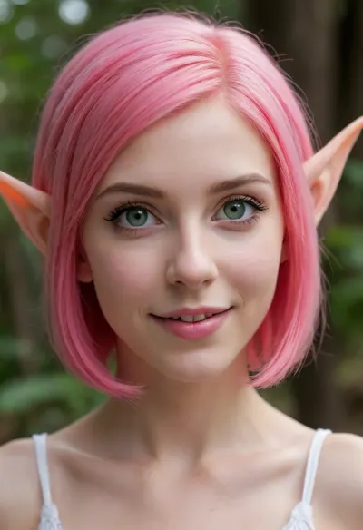 Petite skinny elf with a very cute face snub-nosed nose detailed beautiful green eyes hairstyle curvy bob short bob bright pink saturated hair looks at the camera and smiles fervently smiles at the fact that her face is completely covered with thick white sperm completely covers her face cute cute elf girls high detail high definition images model hairstyle head hair styling
