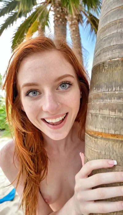 Candid photo, nude 24 year old athletic ginger, slender, on photorealistic Miami public beach, realistic detailed face, long hair, shy laugh, ((peeking around a large palm tree)), realistic detailed skin, realistic detailed bright eyes