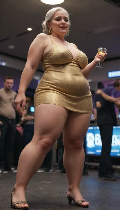 Porn.Club atmosphere, club interior. Two granny. Full body photoshoot. Fat, obese overweight, sagging, BBW. Sexy slut. Depraved, clinical bitch, real lady, from highlight. Bright makeup. Micro ivening light bright dress. Drunk granny. No panty. Up skirt., (Drunk sex Orgy), . From below. Disco