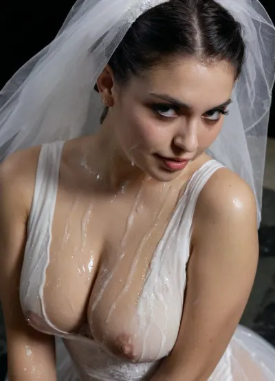 super close up image, sticky white slim cover bride face, full face drenched in slime, slime glazed face, micro art photograph of an Iranian curvy bride standing on a glossy black velvet floor against a pitch-dark background. Dramatic, cinematic lighting with high contrast and soft shadows. Her entire face, hair, eyes, body, and classic white wedding dress are covered in a thick, jelly-like texture. The slime drips slowly from her hair and shoulders, creating a surreal, beautiful, and mysterious effect. The wedding dress features traditional Persian details such as tulle, gemstones, and Islamic motifs, visible beneath the slime. Visually stunning, surreal, and elegant composition with a focus on the tactile contrast between the slime and the white dress against the black velvet., close_up_detailed_shot_of1, <lora:close_up_detailed_shot_of1:.8>