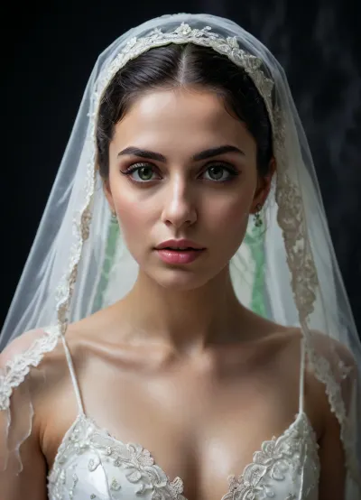 A surreal, high-fashion wedding portrait of an Iranian bride standing in a traditional pose, wearing a classic white bridal gown and lace veil. Her entire head—including her face, eyes, mouth, hair, and veil—is completely and heavily covered in thick, glossy, dripping slime. The slime is semi-transparent, with pearlescent silver and neon green hues, fully obscuring her facial features beneath a smooth, wet surface. It pours from above, clinging to her head and cascading down her body. The rest of the bridal scene, (dress, background, lighting), is elegant and traditional, with soft cinematic lighting and a black velvet or neutral studio backdrop, creating a striking contrast between beauty and surreal chaos. The image is mysterious, avant-garde, and visually intense—perfect for conceptual fashion or experimental wedding photography. close_up_detailed_shot_of1, <lora:close_up_detailed_shot_of1:1.4>, <lora:SimplePositive_XL_v1_AutoRunMech:.8>