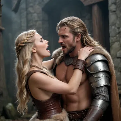 depict two people, a man and a woman, A stern Viking in in leather armor, (bracers, breastplate, belt, shoulder pads), and a wolfskin cape is pinning a frightened, beautiful, seductive full naked captive woman with long blond hair with a long braid and a hairy pussy to the wall, (A man holds a woman by the hair, The woman screams), semi-darkness, high resolution, beautiful visualization, full-length image
