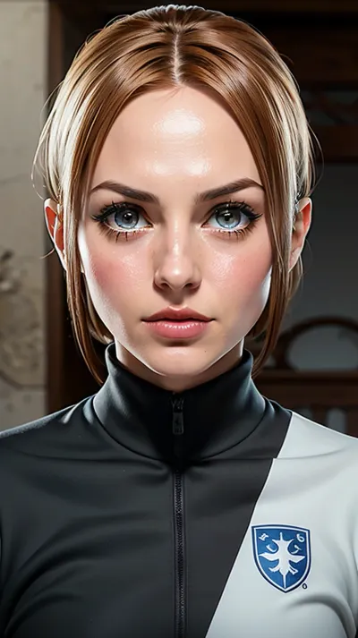 Image Drawing deconstucivist Fashion of a 24 year old Circassian-Icelandic female modern-day princess with Steely determination expression. Her body is Tight, defined abs with smooth skin and visible lines, toned muscles, abs, small breast, flat chest. She has Medium skin tone with subtle golden undertones, glowing in warm light. The skin pores and texture are clearly visible and in focus. Her Wide arc eyes, Bright, vivid blue eyes, framed by long, elegant eyelashes. Her eyebrows are Tapered ends shaped, complementing her delicate facial features. Sexy soccer uniform shirt, tight soccer shorts, rule of thirds, in the background Tilted and overlapping steel beams in an installation, in the style of Enki Bilal, <lora:Azalea:.8>