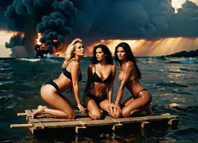 The high-quality image shows three beautiful women approximately 25 years old posing in a dramatic setting near the coast, They are on a rickety makeshift wooden raft floating in the waves, The women are kneeling squatting or lying on the raft, showcasing their perfectly athletic bodies which appear very sexy and appealing, All three have flawless faces and skin and their long thick hair is in various colors deep blue Hai, blonde Hair, black Hair, The hair hangs over their faces and breasts which are C to D cups with firm hard nipples, They are wearing very skimpy sexy outfits that accentuate their figures, A bottle of champagne sits on a wooden crate and the women are exuberantly and joyfully drinking champagne which is spread all over their bodies, The mood is somber and dramatic with a dark smoky background showing a city destroyed after a rocket attack, Everything seems disturbed and smoky, The light is dim with occasional rays of sunlight falling on the women contrasting with the gloomy scenery, The atmosphere seems wild rebellious and seductive at the same time