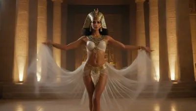 Ancient Egypt. A temple dancer in translucent clothes performs a sexy dance in the temple in front of the statue of the god Ra during the fertility festival