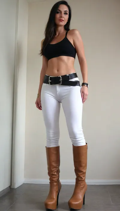 masterpiece, ((rear view from below)), beautiful 40 years old woman, raised nasal tip, modest smile, (dark red lipstick), (brown eyeshadow), big amber eyes, wearing very tight long white leggings pants, ((very tight long white leggings pants:1.5)), (dressed people in background), (gymnastic body, raised nasal tip, modest smile, (sweating), hypnotized loving amber eyes), (naked shaved pussy), (((deep seamless suntan:1.5))), beautiful thin face, slim body, narrow waist, ((straight long dark black hair)), small breasts, ((full length view)), highest quality, perfect quality, natural, summer, sunny, (((light brown platform knee boots:1.6))), clothes, ((((full body shot)))), ((small breast)), ((nipples)), ((camel toe)), (((black tight crop top))), (wide black metal belt:1.5), ((tigh gap:1.8)), (lump between legs:1.8), black background