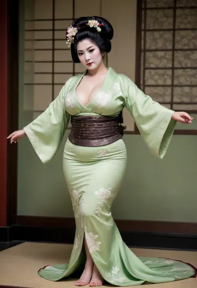 Full body, Japanaese geisha, extremely large breasts, extremely large ass, extremely large hips, extremely thin waist, extreme hourglass figure, top heavy, bottom heavy, front heavy, back heavy, bimbo body, Japanese woman, straight black hair, traditional pale green geisha attire with white spiral patterns, geisha makeup, in geisha theatre