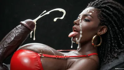 close-up of a black african mature woman's face, absolutely black skin, deep ebony skin, African, Nigerian, Nubian, (((absolutely black skin))), (massive breasts:1), red leather bra, eyes wide open, very long straight black hair, sleek hair, macro photo, side view, tongue sticking out, huge erected black african 12 inch penis lying on the tongue, big testicles, (ejaculation:1.5), cum dripping out of his penis, cum on face, black room, black background.