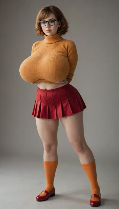 a 24 year old girl, gigantic breasts, curvy, looking like velma from scooby doo, orange turtleneck sweater, red pleated skirt, knee-high orange socks, red Mary Jane shoes, black rimmed glasses.