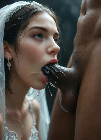 interracial, (muscular black skin brut), very very large black penis, black cock, black dick, (thick black penis), (deep throat), (suck whole big black penis), ((all thick Big black cock in mouth)), (slime on face), super close up image, micro art photograph of an Iranian curvy bride standing on a glossy black velvet floor against a pitch-dark background. Dramatic, cinematic lighting with high contrast and soft shadows., ((Her entire feet, nylon, pussy, body, and classic lace white wedding dress are covered in a thick, jelly-like texture. The slime drips slowly from her hair and shoulders, creating a surreal, beautiful, and mysterious effect.)), The wedding dress features traditional Persian details such as tulle, gemstones, and Islamic motifs, visible beneath the slime. Visually stunning, surreal, and elegant composition with a focus on the tactile contrast between the slime and the white dress against the black velvet., close_up_detailed_shot_of1, BadX, <lora:close_up_detailed_shot_of1:.8>, <lora:671410_training_data:.8>, <lora:MJ52:.6>