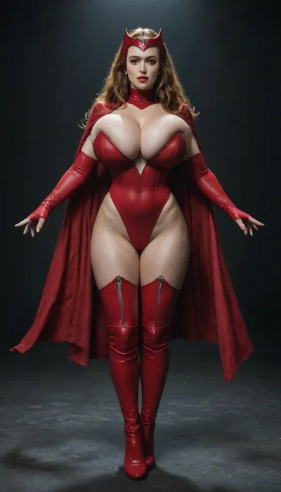 fullbody view of a 24 year old woman, gigantic breasts, ginger hair, looking like scarlet witch, wears a deep red, form-fitting bodysuit with intricate mystical designs, paired with a flowing cape, thigh-high deep red boots and a signature headpiece shaped like a crown in a dark room with black walls.