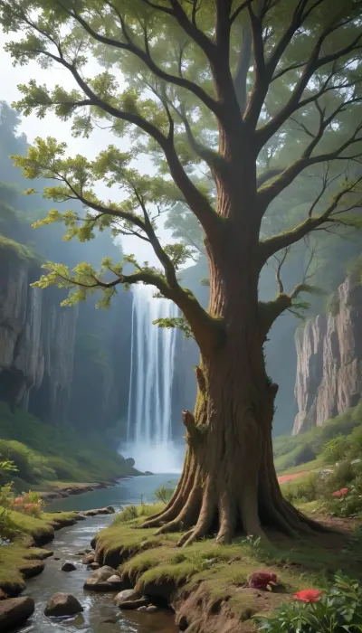 A wild river carves through a fantastical utopian landscape, its turquoise waters glowing faintly with bioluminescent algae as it plunges over moss-covered cliffs into misty waterfalls. Towering trees with translucent amber bark and iridescent leaves form a lush canopy, while fields of luminescent flowers in violet, coral, and gold ripple in the breeze. The air shimmers with floating pollen-dust and tiny winged creatures resembling dragonflies with stained-glass wings. Jagged crystal spires rise in the distance, half-hidden by cascading vines and glowing fungi clinging to their bases. The sky is a kaleidoscope of soft auroras blending into peach-hued clouds, casting warm light on ancient stone bridges draped in ivy and orchids. No signs of technology—only harmonious coexistence of magic and nature, with waterfalls feeding crystal-clear pools teeming with fish that flicker like living gems. Style, ethereal fantasy realism with hyper-detailed textures, (water droplets, leaf veins, crystal facets), and a vibrant palette of jewel tones against earthy greens and golds.
