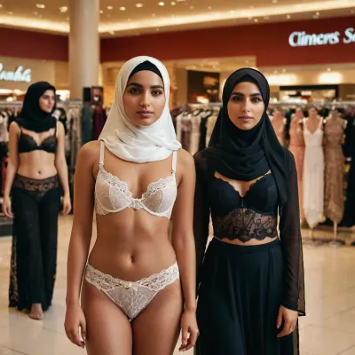 three, (very petite), Arabic women, (20 years old), standing on a stage in a modern shopping mall wearing lace-lingerie, (different colors), lace-bra, lace-panties, lace-hijabs., (realistic, hd, photography), .