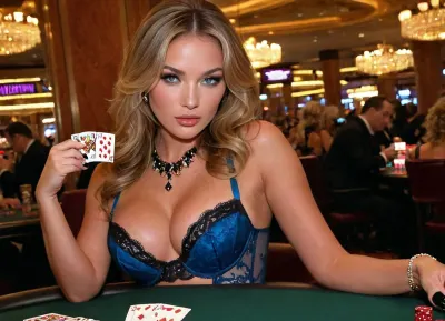 (view from below:1.8), Middle aged slutty blonde, 35 years old, (lying on the table holding poker cards in her hands:1.5), long straight voluminous hair with straight violet covered ends, (sitting at the table in luxurious casino:1.5), diamond face shape with sharp cheek lines, filthy and deceitful look, wide round gray eyes, diamond face shape, Poland roots, vulgar bright makeup, lightbrown cheekbones, correct manicured short nails, stocky hourglass body, (narrow waist:1.4), (wide round hips:1.3), 56C cup breasts, (cerulean Agent Provocateur lingerie with black lace edging from “Lorna” collection:1.3), (Playing poker:1.4), (black torn stockings with viola lace edging), sportive stocky body, lustful look, (experienced elite escort model:1.6), (male mafia gangster security guards:1.7), (wide angle view:1.5), RAW image, DSLR photography, 8K, best quality, sharp focus, detailed, eyes, perfect, freckles, skin, texture, photorealistic, igbaddie, thepose, <lora:add-detail-xl:.8>, <lora:Super_Eye_Detailer_By_Stable_Yogi_SDPD0:.8>, <lora:igbaddie-XL:.8>, <lora:ThePose:1.2>