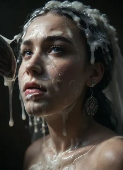 side view, giant big black dick, cumshot, bukkake, extreme close-up of an Iranian bride’s face, black hair, Persian chubby slut wife, (completely glazed with thick milky white glossy cum:1.7), no skin visible beneath the slime layer, (smooth seamless coating:1.5), (slime oozing and flowing over facial contours:1.4), eyelids, lips, cheeks, chin all buried under the fluid, facial shape still subtly visible beneath the glaze, soft veil partially stuck to the slime, surreal beauty shot, high detail wet texture, cinematic lighting, dark soft background, artistic surrealism, close_up_detailed_shot_of1, reij-snrs, light, and, shadow, by, <lora:close_up_detailed_shot_of1:.8>, <lora:dark:.5>, <lora:sunriseSDXL-000009:.8>