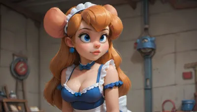 (((((Gadget Hackwrench from Chip'n Dale))))), (sexy maid outfit:2), blue overalls, flight goggles, gigantic erect hard nipples, rescue rangers workshop in the background, <lora:Samaritan 3d Cartoon SDXL:.3>, <lora:Animated_Concept:.8>