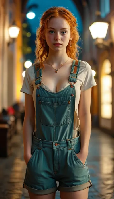 Candid photo, 18 year old ginger girl, solo, Happy face, evening, (Large Athletic Breasts:1.4), (she is wearing a Girl's Overalls 2 Piece Outfits Short Sleeve Top and Cargo Jumpsuit Set with Pockets), (She's pulling out her breasts), she is wearing a backpack, Standing in front of a university, (modern earrings:1.1), <lora:MJ52:.8>, <lora:403324_training_data:.8>