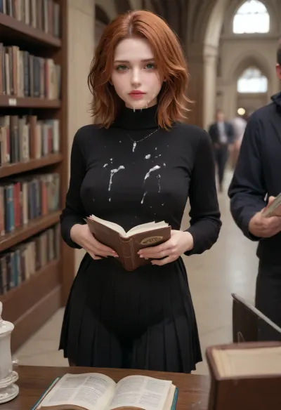 men cumming all over a fully clothed woman reading a book, redhead, green eyes, big swollen tits, fully clothed, massive cumshot, public, public library, covered in cum, large erect nipples, tight fitting black sweater, pleated skirt, drenched in cum, clothes dripping with cum, face and hair dripping with cum, huge tits, bukkake, cum, <lora:MS_Real_XL_Bukkake:.8>