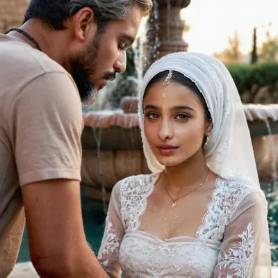 portrait of a, (very petite:1.3), (19 year old), (arabic woman), (lace-hijab), (lace-dress), (cum on face), (cum on hijab), sitting near a fountain. Behind her stands a man, gray beard, traditional arabic clothes, putting a hand on her shoulder. woman, cum, on, face, <lora:JustCum:1.1>