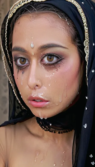 portrait of a, (very petite:1.3), (19 year old), (arabic woman), (lace-hijab), (cum on face), (cum on hijab), (running masqara), (running makeup), . woman, cum, on, face, ruined, makeup, <lora:JustCum:.9>, <lora:ruined1:1.3>