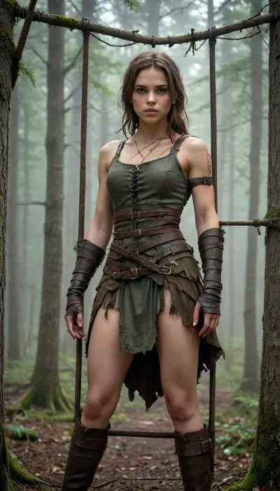 ** Description for the image generator, ** A girl in a tattered medieval tunic of coarse linen, with frayed edges and traces of dirt, stands in an iron cage that resembles an animal enclosure. Her hair is disheveled, her eyes are fearfully defiant, and her fingers are gripping the bars as if she's trying to defend herself. The cage is surrounded by a misty forest thicket, rusty spikes on the bars and shadows from the branches add to the sense of confinement. There are two hunters around, men in worn leather armor, daggers on their belts and crossbows on their backs. Their postures are aggressive — one is leaning toward the cage, grinning, his hand reaching for the lock, the other is half-turned, eyeing the captive with carnivorous interest. The hunters ' faces are a mixture of cruelty and lustful curiosity, narrowed eyes, stiff neck muscles, greasy grins. **Details to draw, **, **Textures, ** focus on the frayed fabric of the tunic, the gleam of the metal of the cage, the roughness of the tree bark in the background., **Lighting, ** the dim moonlight filtering through the fog creates sharp shadows on the hunters ' faces and glare on their weapons., **Emotions, ** fear and resistance in the girl's eyes, contrasting with the predatory passion of men., **Environment details, ** moss on the ground, broken branches underfoot, cobwebs in the corners of the cage. — * * Colors, ** a muted palette, (gray-green tones of the forest, dark brown leather of armor), with an emphasis on the pallor of the girl's skin and bloody reflections on metal. — * * Composition, ** a bottom view that highlights the threatening position of the hunters, a light haze for an atmosphere of alarm. **Technical instructions, ** Use ultra-detailed rendering for the characters ' faces and hands, 8K texture resolution for rendering small elements, (such as scratches on bars), and dynamic lighting with soft shadows. Add a motion blur to the background to focus your attention on the cell. * Restriction, The description does not contain explicit scenes of violence, but implies a tense atmosphere.*, fantasy, scaled, humanoid, 4ng3l, face, <lora:add-detail-xl:.5>, <lora:SDXL_BetterFaces-LoRA_v1:.5>