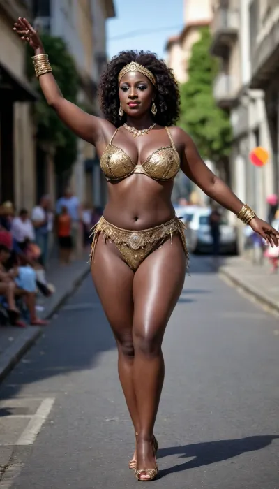 mature brazilian samba dancer, enormous gigantic big plump breasts, dark brown exotic skin, (((very dark brown skin))), dancing on the street, sexy legs, full view