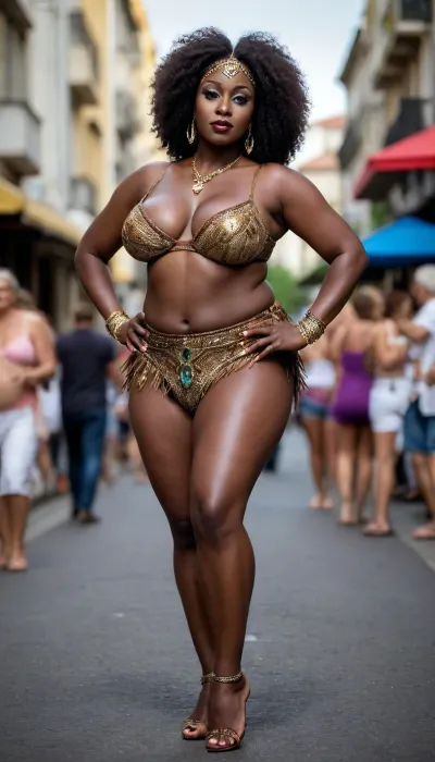 mature brazilian samba dancer, enormous gigantic big plump boobs, wide thick ass dark brown exotic skin, (((very dark brown skin))), dancing on the street, sexy legs, full view