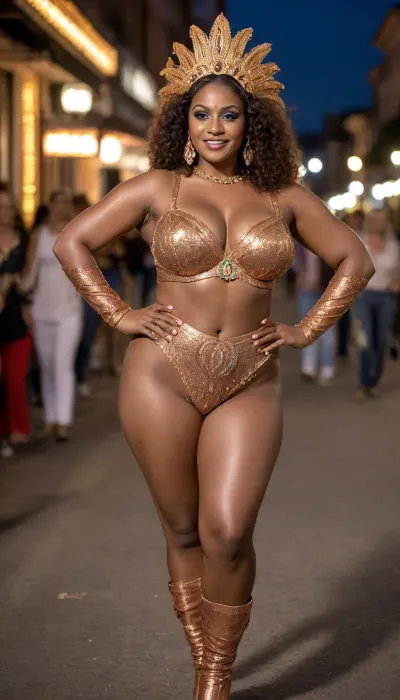 mature brazilian samba dancer, enormous gigantic big plump boobs, luscious breasts, wide thick ass dark brown exotic skin, ((((shiny copper colored skin)))), dancing on the street, carnival, posing, sexy legs, full view